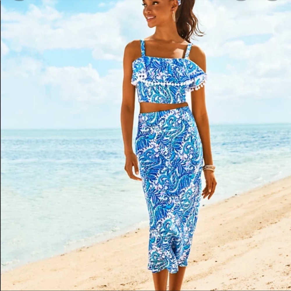 SOLD ON CROSS POST** Lilly Pulitzer Gretna Skirt Set, Baha Blue Bird